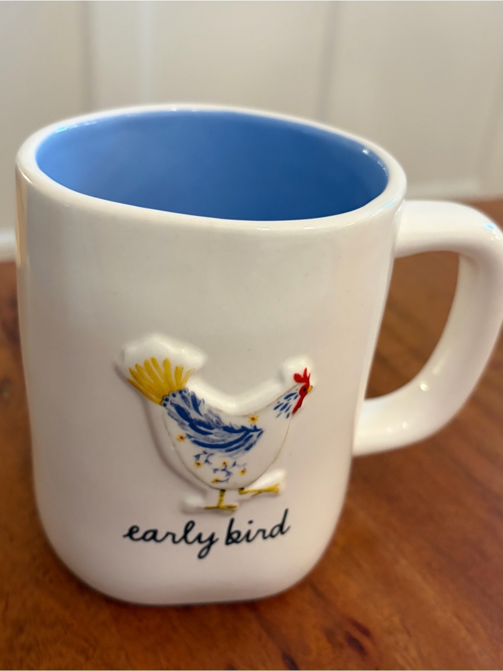Rae Dunn "early bird" Chicken Hen Mug Blue Interior Oversized Farmhouse Cottage